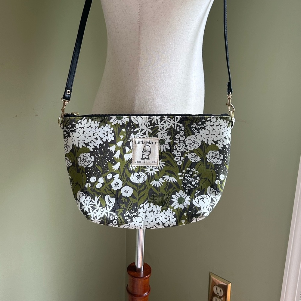 Little Man fabric crossbody handbag. Green, black and white floral. Made in Ma.